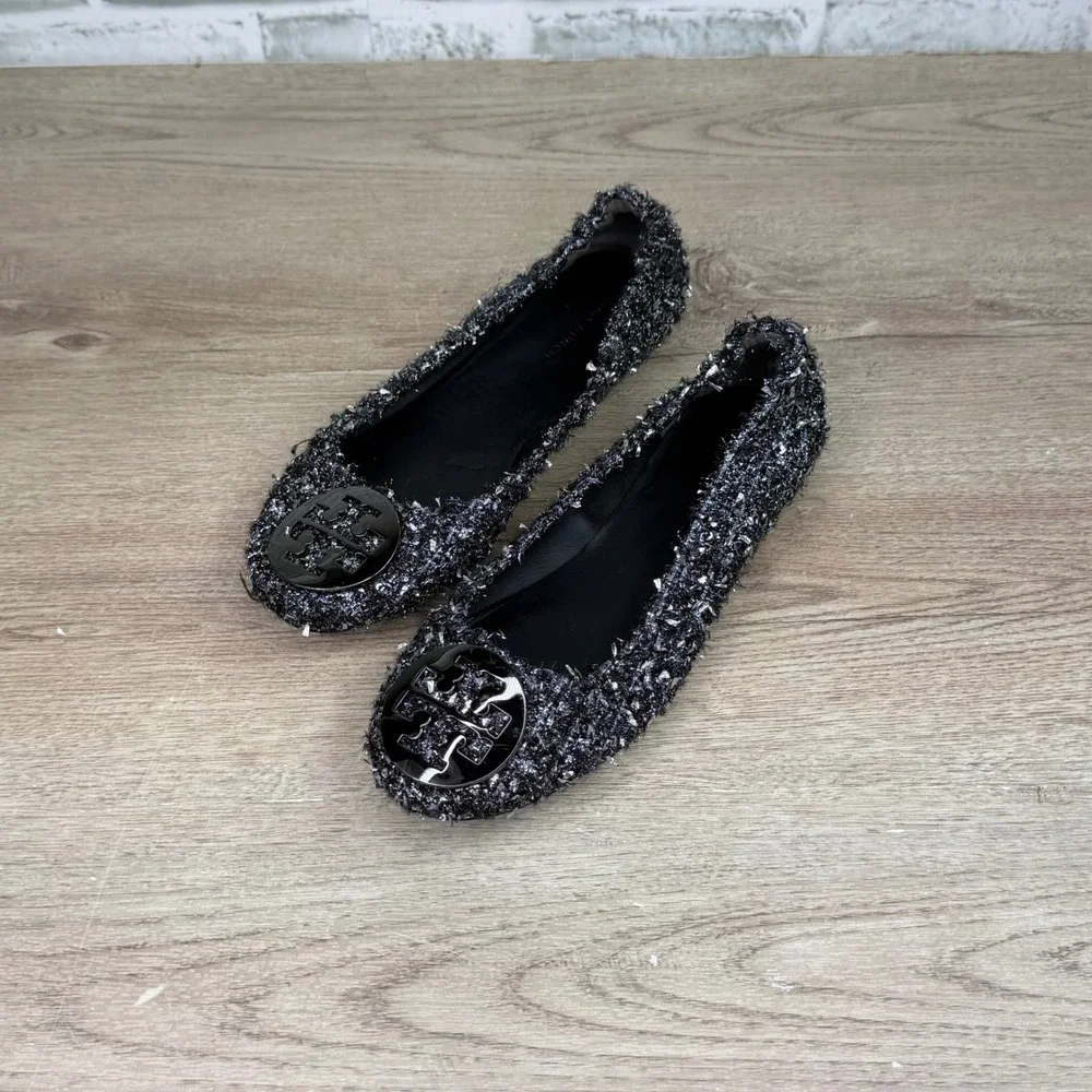 Tory Burch Minnie Travel Ballet Flats Black Silver Metallic Tweed 6M